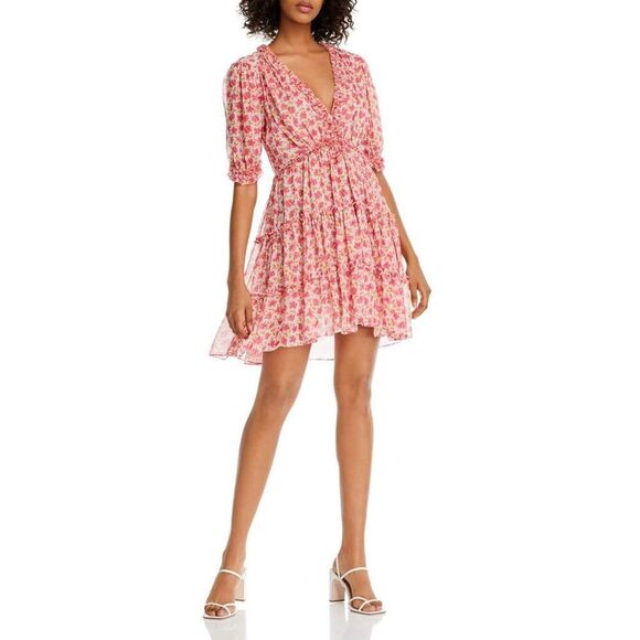 cinq a sept Dresses & Skirts - Cinq à Sept Women's Pink Floral Tiered V-Neck Mini Dress Size 2